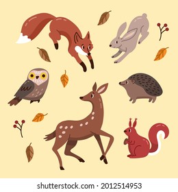 Autumn animals. Fall october season. Wild forest animals, wildlife.  Autumn woodland children design background. Orange nature. Baby vector illustration. 