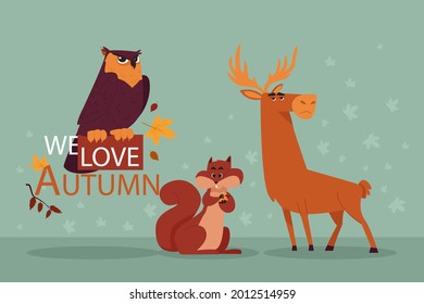 Autumn animals. Fall october season. Wild forest animals, wildlife.  Autumn woodland children design background. Orange nature. Baby vector illustration. 