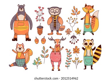 Autumn animals. Fall october season. Wild forest animals, wildlife.  Autumn woodland children design background. Orange nature. Baby vector illustration. 