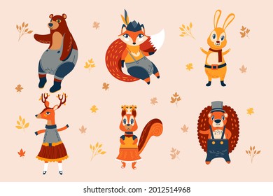 Autumn animals. Fall october season. Wild forest animals, wildlife.  Autumn woodland children design background. Orange nature. Baby vector illustration. 