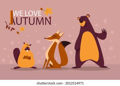 Autumn animals. Fall october season. Wild forest animals, wildlife.  Autumn woodland children design background. Orange nature. Baby vector illustration. 
