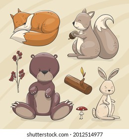 Autumn animals. Fall october season. Wild forest animals, wildlife.  Autumn woodland children design background. Orange nature. Baby vector illustration. 