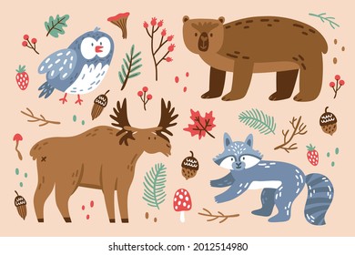 Autumn animals. Fall october season. Wild forest animals, wildlife.  Autumn woodland children design background. Orange nature. Baby vector illustration. 