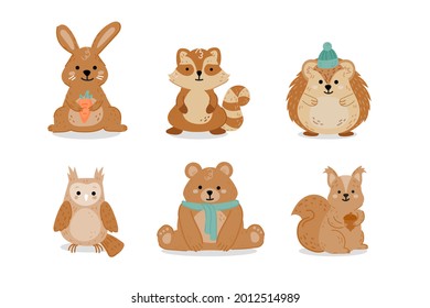 Autumn animals. Fall october season. Wild forest animals, wildlife.  Autumn woodland children design background. Orange nature. Baby vector illustration. 