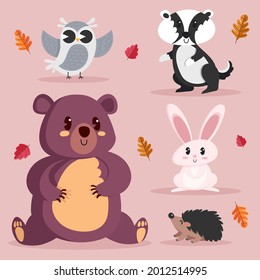 Autumn animals. Fall october season. Wild forest animals, wildlife.  Autumn woodland children design background. Orange nature. Baby vector illustration. 