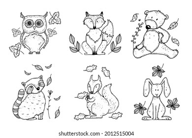 Autumn animals. Fall october season. Wild forest animals, wildlife.  Autumn woodland children design background. Orange nature. Baby vector illustration. 