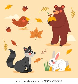 Autumn animals. Fall october season. Wild forest animals, wildlife.  Autumn woodland children design background. Orange nature. Baby vector illustration. 