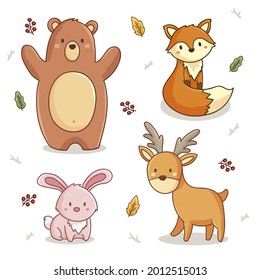 Autumn animals. Fall october season. Wild forest animals, wildlife.  Autumn woodland children design background. Orange nature. Baby vector illustration. 