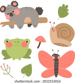 Autumn animals. Fall october season. Wild forest animals, wildlife.  Autumn woodland children design background. Orange nature. Baby vector illustration. 