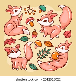 Autumn animals. Fall october season. Wild forest animals, wildlife.  Autumn woodland children design background. Orange nature. Baby vector illustration. 