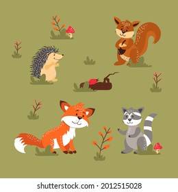 Autumn animals. Fall october season. Wild forest animals, wildlife.  Autumn woodland children design background. Orange nature. Baby vector illustration. 