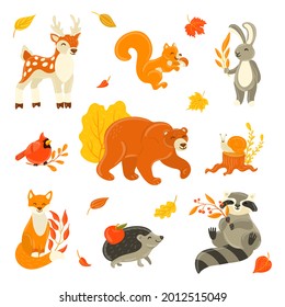 Autumn animals. Fall october season. Wild forest animals, wildlife.  Autumn woodland children design background. Orange nature. Baby vector illustration. 