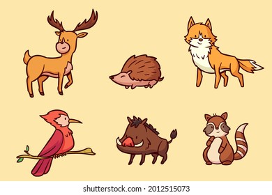 Autumn animals. Fall october season. Wild forest animals, wildlife.  Autumn woodland children design background. Orange nature. Baby vector illustration. 