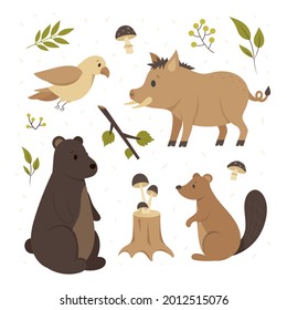 Autumn animals. Fall october season. Wild forest animals, wildlife.  Autumn woodland children design background. Orange nature. Baby vector illustration. 