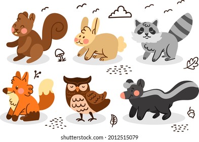 Autumn animals. Fall october season. Wild forest animals, wildlife.  Autumn woodland children design background. Orange nature. Baby vector illustration. 