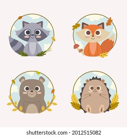 Autumn animals. Fall october season. Wild forest animals, wildlife.  Autumn woodland children design background. Orange nature. Baby vector illustration. 