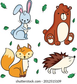 Autumn animals. Fall october season. Wild forest animals, wildlife.  Autumn woodland children design background. Orange nature. Baby vector illustration. 