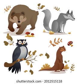 Autumn animals. Fall october season. Wild forest animals, wildlife.  Autumn woodland children design background. Orange nature. Baby vector illustration. 