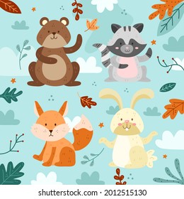 Autumn animals. Fall october season. Wild forest animals, wildlife.  Autumn woodland children design background. Orange nature. Baby vector illustration. 
