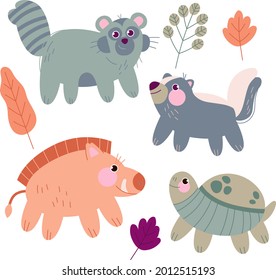 Autumn animals. Fall october season. Wild forest animals, wildlife.  Autumn woodland children design background. Orange nature. Baby vector illustration. 