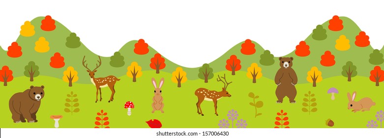 Autumn animals in forest, panoramic