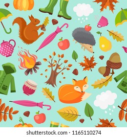 Autumn animals pattern. Forest fall cute fox hedgehog and orange squirrel in yellow leaves vector autumn seamless background. Autumn background, squirrel and woodland, seamless pattern illustration
