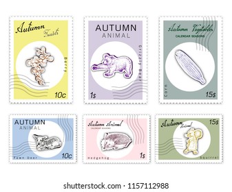 Autumn Animals and Plants, Post Stamps Set of Hand Drawn Sketch Sweet Corn or Maize, Berry, Squirrel, Grizzly Bear, Hedgehogon and Fawn Deer in Trendy Origami Deep Paper Art Carving Style. 