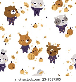 Autumn animals seamless pattern, Cute bear fabric design. Vector rabbit digital paper, baby woodland animals.