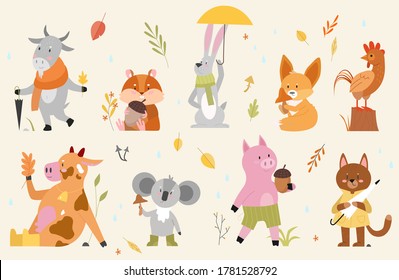 Autumn animals vector illustration set. Cartoon hand drawn autumnal woodland collection with cute animal characters enjoying fall season in forest, funny cow goat rooster fox hamster pig cat hare