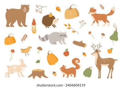 Autumn animals vector illustration sticker pack set. Cartoon flat forest fall season collection with raccoon bear deer hare hedgehog fox characters, tree branches autumnal mushrooms, pumpkin isolated