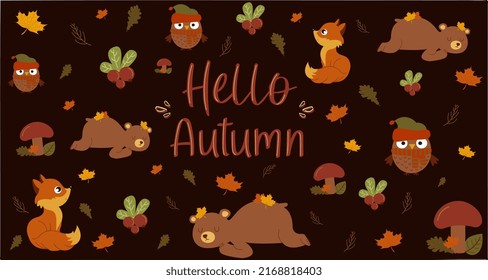 Animales otoñales e ilustración de vectores de bosques pusieron banner. Hola texto de otoño. Cae el bosque plano de dibujos animados con personajes de zorro de búho, hojas de árboles y hongos