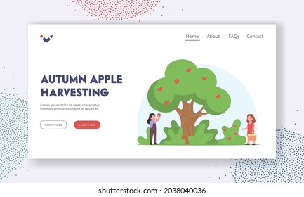 Autumn Apple Harvesting Landing Page Template. Children Pick Apples and Strawberry Harvest to Basket in Orchard. Little Girls Gardener Characters Work in Garden. Cartoon People Vector Illustration