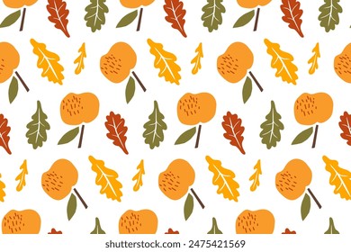 Autumn Apple seamless pattern. Apple fruit and falling leaves on white background. Vector Fall, Autumn, Thanksgiving Repeated background for textile, fabric, paper, wallpaper, packaging. Autumn print.