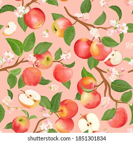 Autumn apple seamless pattern. Summer fruits, leaves, flowers vector background. Watercolor texture illustration for cover, tropical wallpaper, vintage backdrop, wedding invitation

