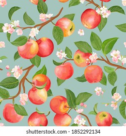 Autumn apple seamless pattern. Summer fruits, leaves, flowers vector background. Watercolor texture illustration for cover, tropical wallpaper, vintage backdrop, wedding invitation
