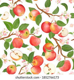 Autumn apple seamless pattern. Summer fruits, leaves, flowers vector background. Watercolor texture illustration for cover, tropical wallpaper, vintage backdrop, wedding invitation
