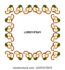 Autumn Apple Slice Border Frame. Cartoon style border of red apple halves with seeds and green leaves, arranged in a square frame on white background.