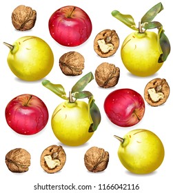 Autumn apple, walnuts and quince pattern Vector realistic. Fall harvest texture