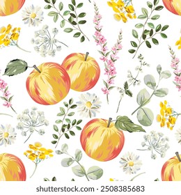 Manzanas de otoño, margaritas, flores amarillas y rosadas, hojas verdes, fondo blanco. Patrón sin fisuras de Vector. Ilustración de la temporada de otoño. Plantas de pradera y jardín. Diseño de Naturaleza