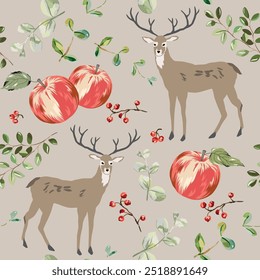 Manzanas de otoño, hojas verdes, bayas rojas, ciervos, fondo beige. Patrón sin fisuras de Vector. Ilustración de la temporada de otoño. Animales y plantas forestales. Diseño de Naturaleza