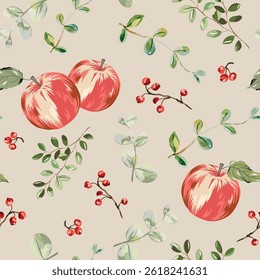 Autumn apples, green leaves, red berries, beige background. Vector seamless pattern. Fall season illustration. Forest and garden plants. Nature design