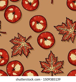 Autumn apples and maple leaves seamless pattern. Cute fall decoration background tile