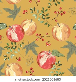 Autumn apples, red berries, maple leaves, yellow background. Vector seamless pattern. Fall season illustration. Garden plants. Nature design