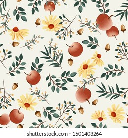 Autumn apples and sunflowers with cream background pattern. Leaves, foliage ditsy. Perfect for fall, Thanksgiving, holidays, fabric, textile. Seamless repeat swatch.