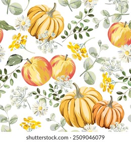 Autumn apples, yellow pumpkins, daisy flowers, green leaves, white background. Vector seamless pattern. Fall season illustration. Meadow and garden plants. Nature design