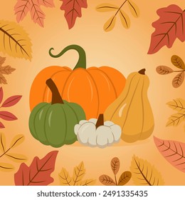 Autumn arrangement with leaves and pumpkins. Autumn Harvest, Thanksgiving card. Vector illustration