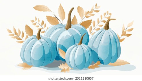 Autumn art background with blue pumpkins in golden leaves in hand-drawn watercolor style. Fall banner for postcard, invitation, print, poster, congratulations, sales.