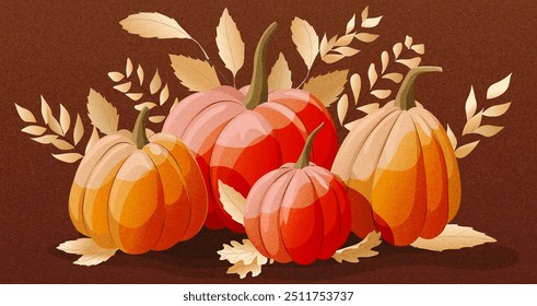 Fundo de arte de outono com abóboras laranja em folhas douradas no estilo aquarela desenhado à mão. Faixa de outono para cartão postal, convite, impresso, cartaz, parabéns, vendas. Olá, outono