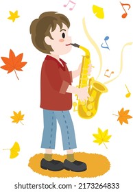 Autumn of the art and the boy of saxophone player.