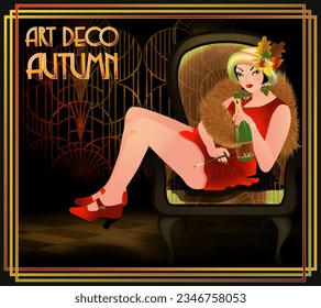 Autumn art deco young woman with champagne, vector illustration